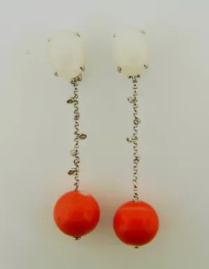 18K White Gold, Coral Drop Earrings