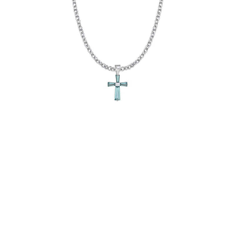 5/8 Inch Sterling Silver and Glass Crystal First Communion March Birthstone Baguette Cross Necklace