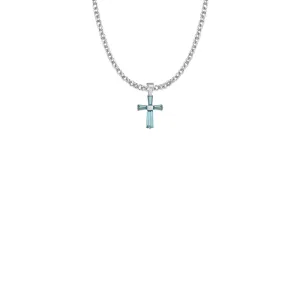 5/8 Inch Sterling Silver and Glass Crystal First Communion March Birthstone Baguette Cross Necklace
