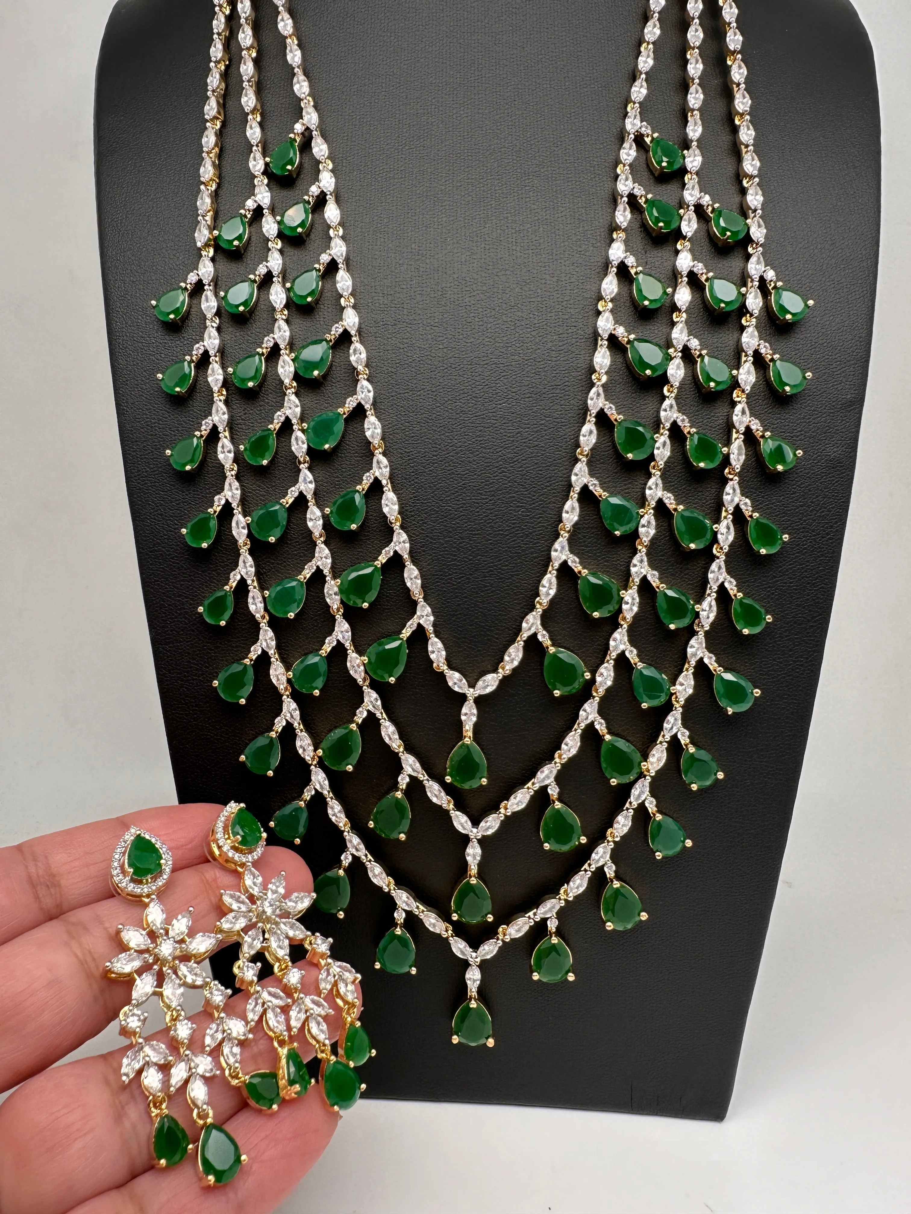 AD marquise Multi Layer Emerald Green Long Necklace