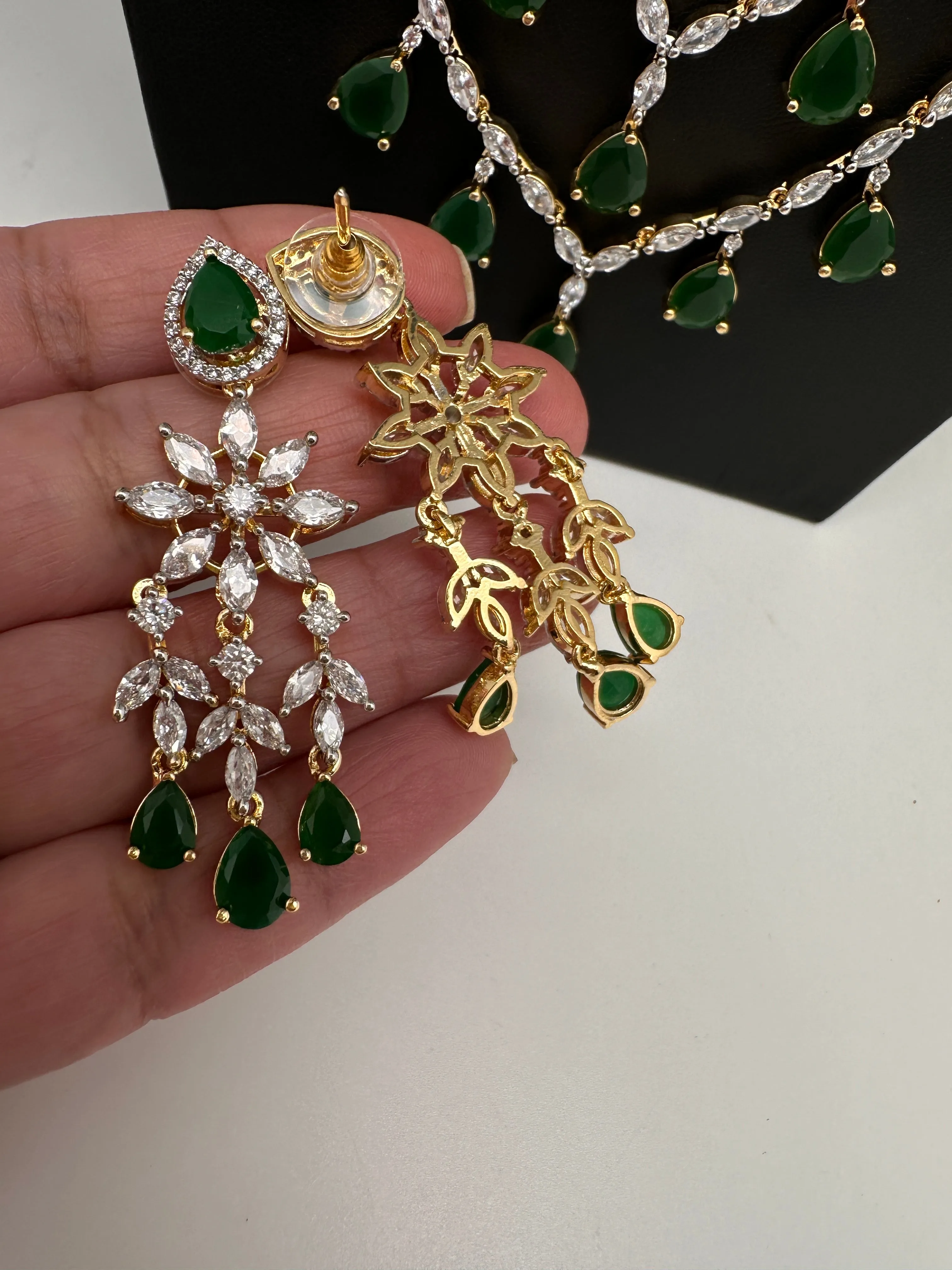 AD marquise Multi Layer Emerald Green Long Necklace