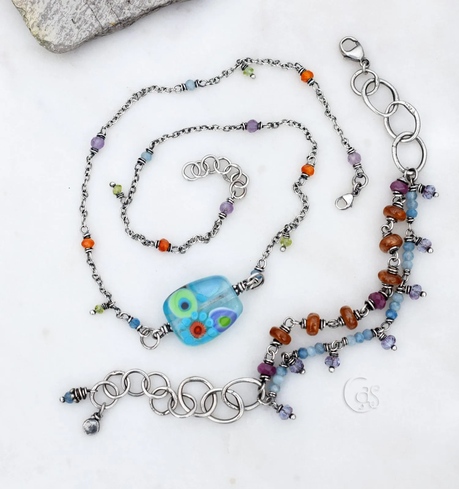 Boho Bloom. Beaded Gemstone Necklace. Artisan Lampwork Focal. Amethyst. Aquamarine. Peridot.