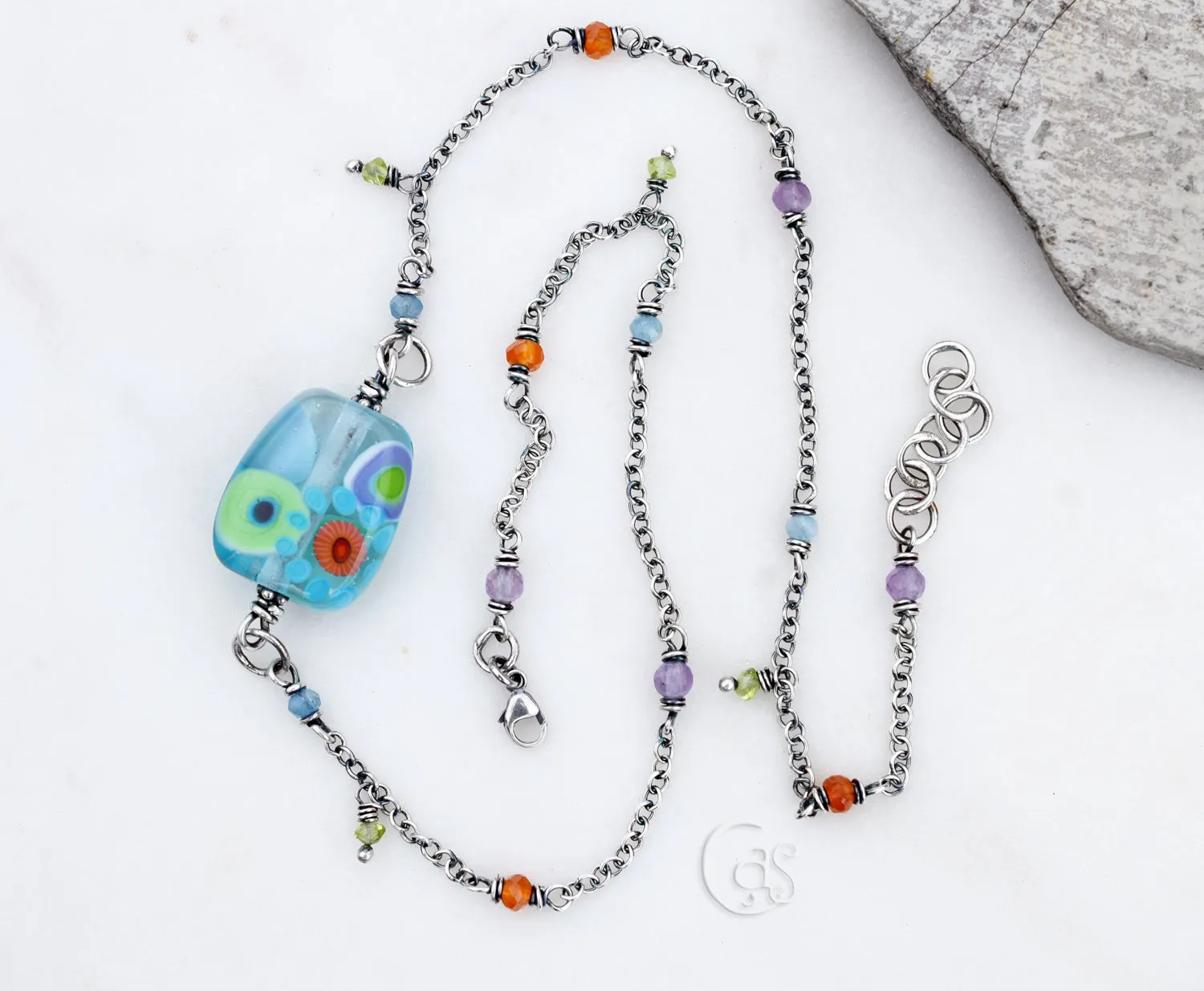 Boho Bloom. Beaded Gemstone Necklace. Artisan Lampwork Focal. Amethyst. Aquamarine. Peridot.
