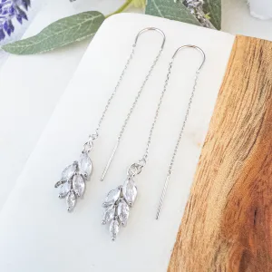 Crystal Leaf Threader Earrings - Silver