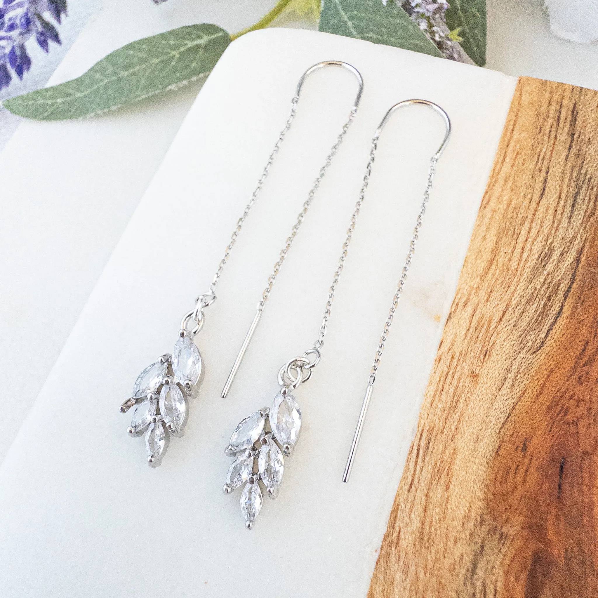 Crystal Leaf Threader Earrings - Silver