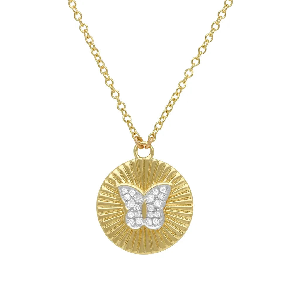 Diamond Butterfly Round Pendant Necklace 13mm