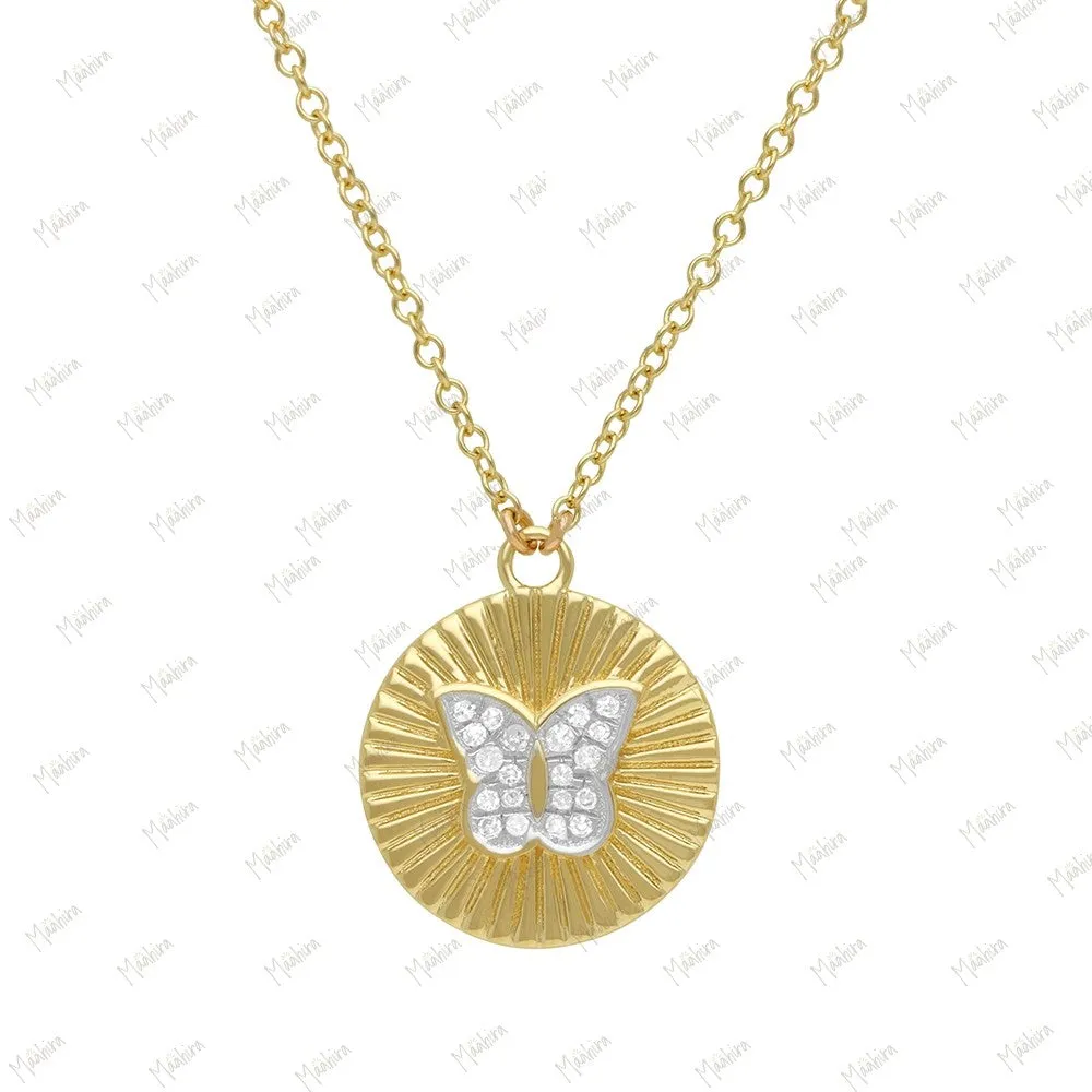Diamond Butterfly Round Pendant Necklace 13mm