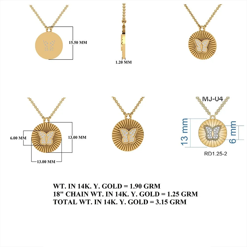 Diamond Butterfly Round Pendant Necklace 13mm