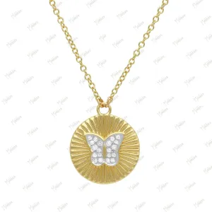 Diamond Butterfly Round Pendant Necklace 13mm