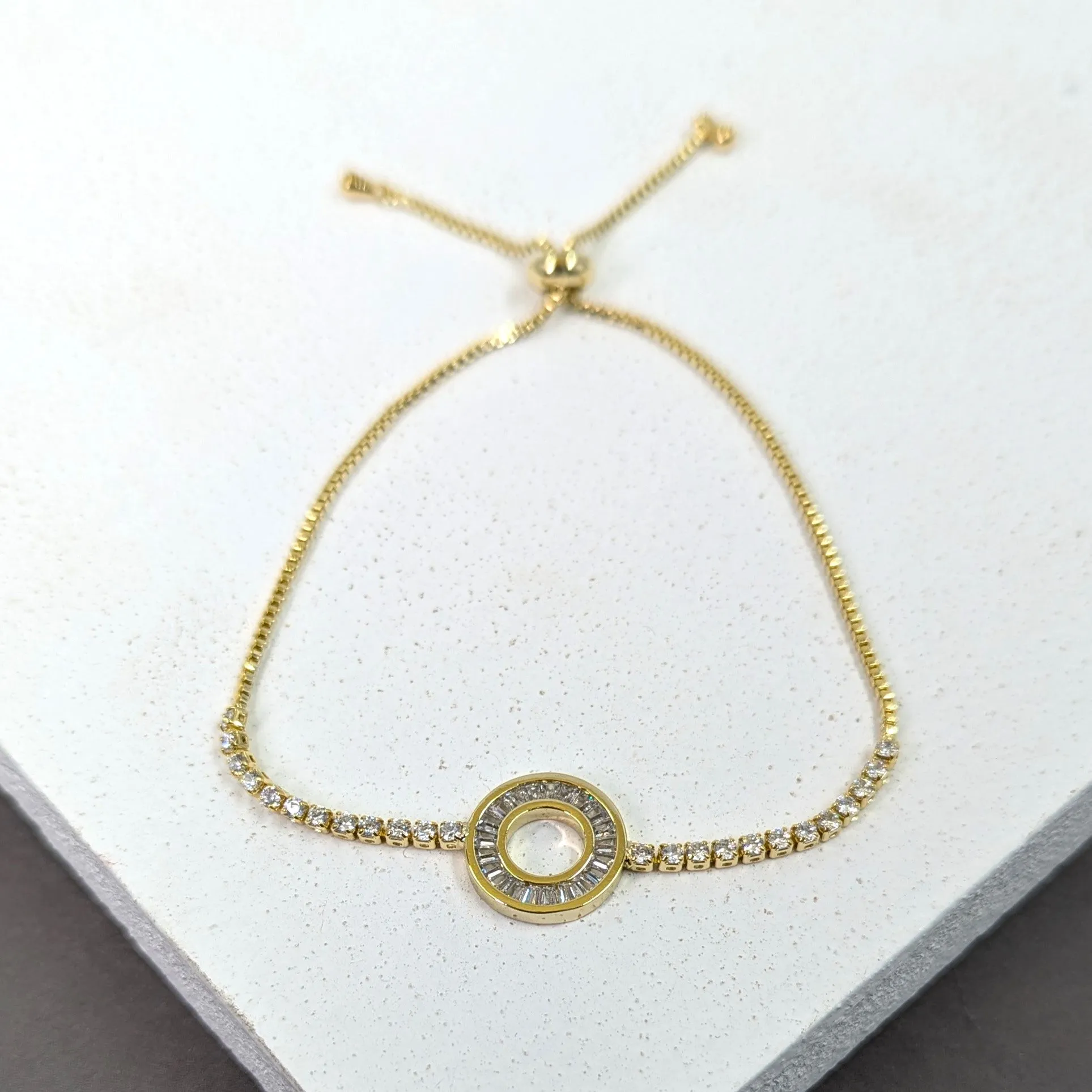 Friendship bracelet with baguette crystal set open circle