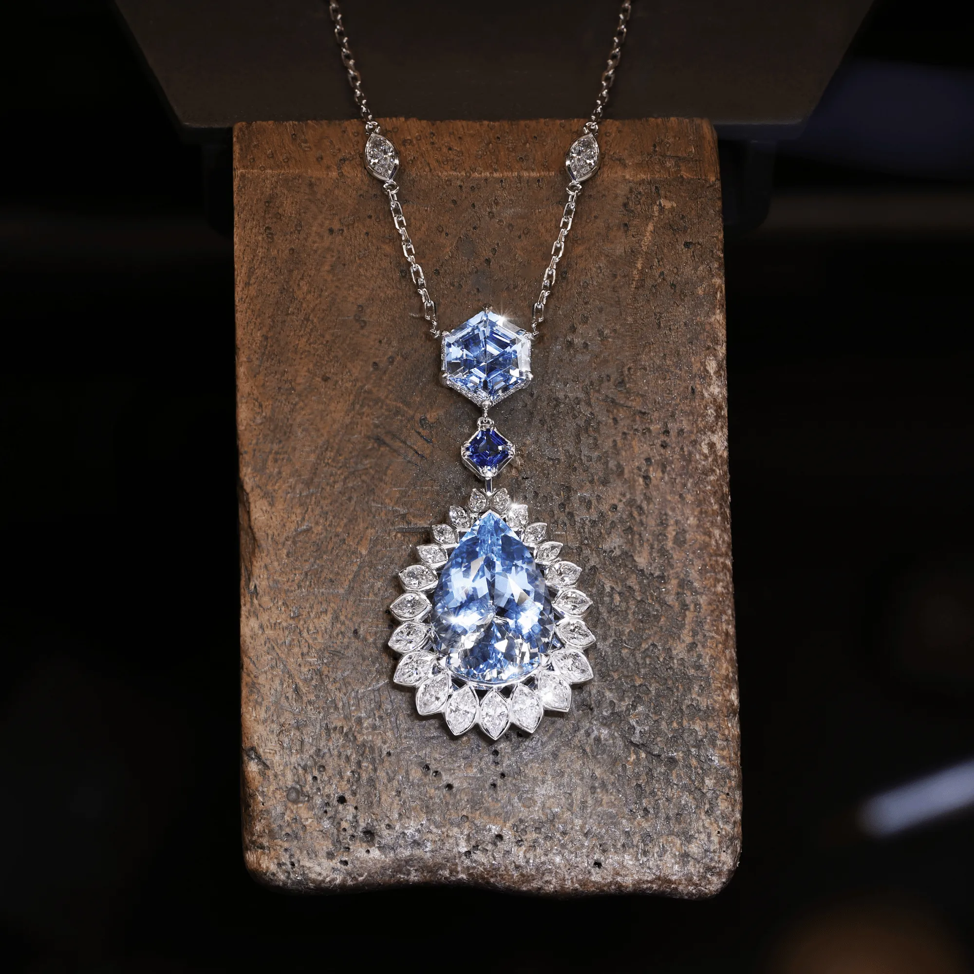 Iluka Pear Cut & Hexagonal Cut Aquamarine, Ceylon Blue Sapphire & Diamond Necklace