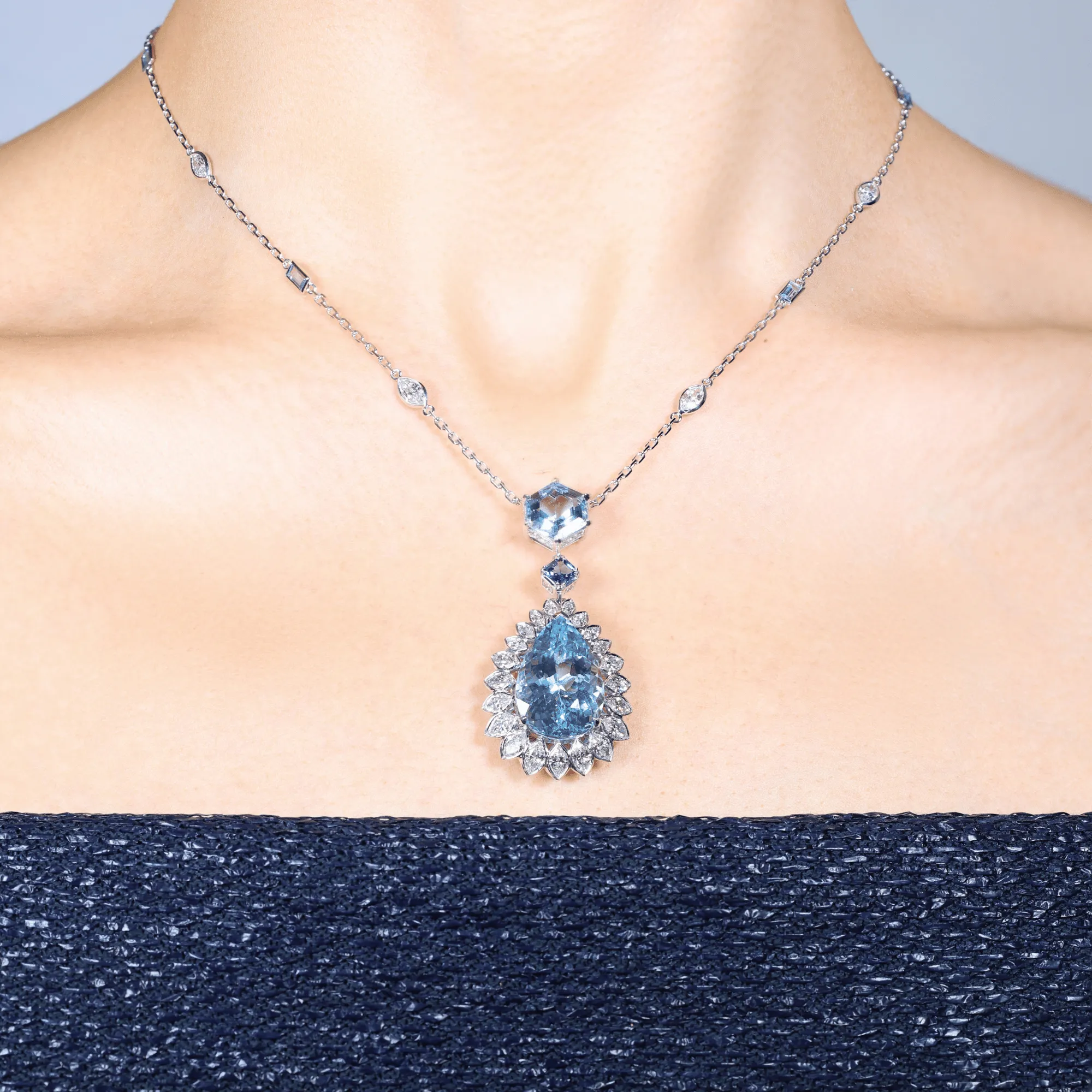 Iluka Pear Cut & Hexagonal Cut Aquamarine, Ceylon Blue Sapphire & Diamond Necklace