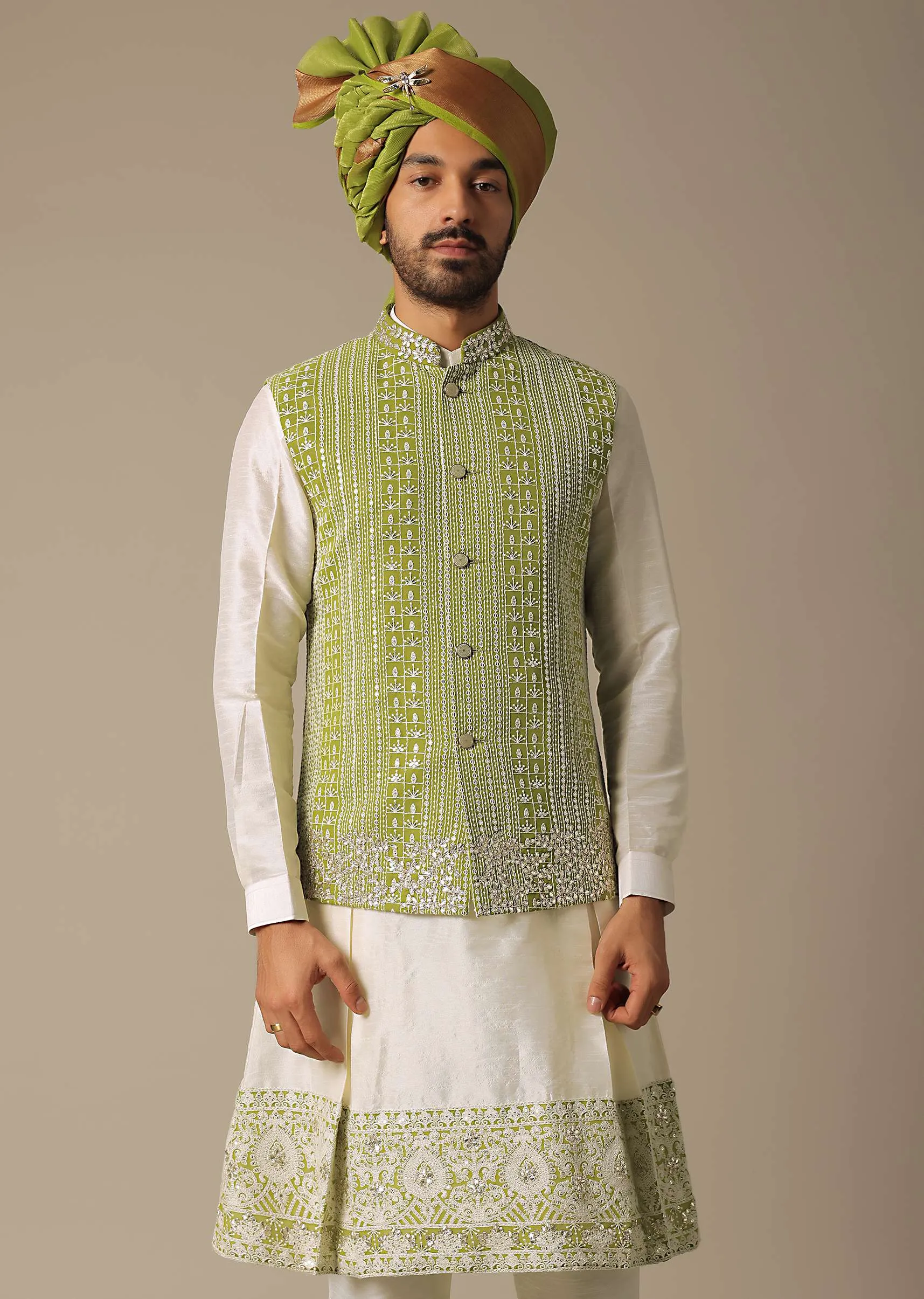 Majestic Green Georgette Sherwani Set