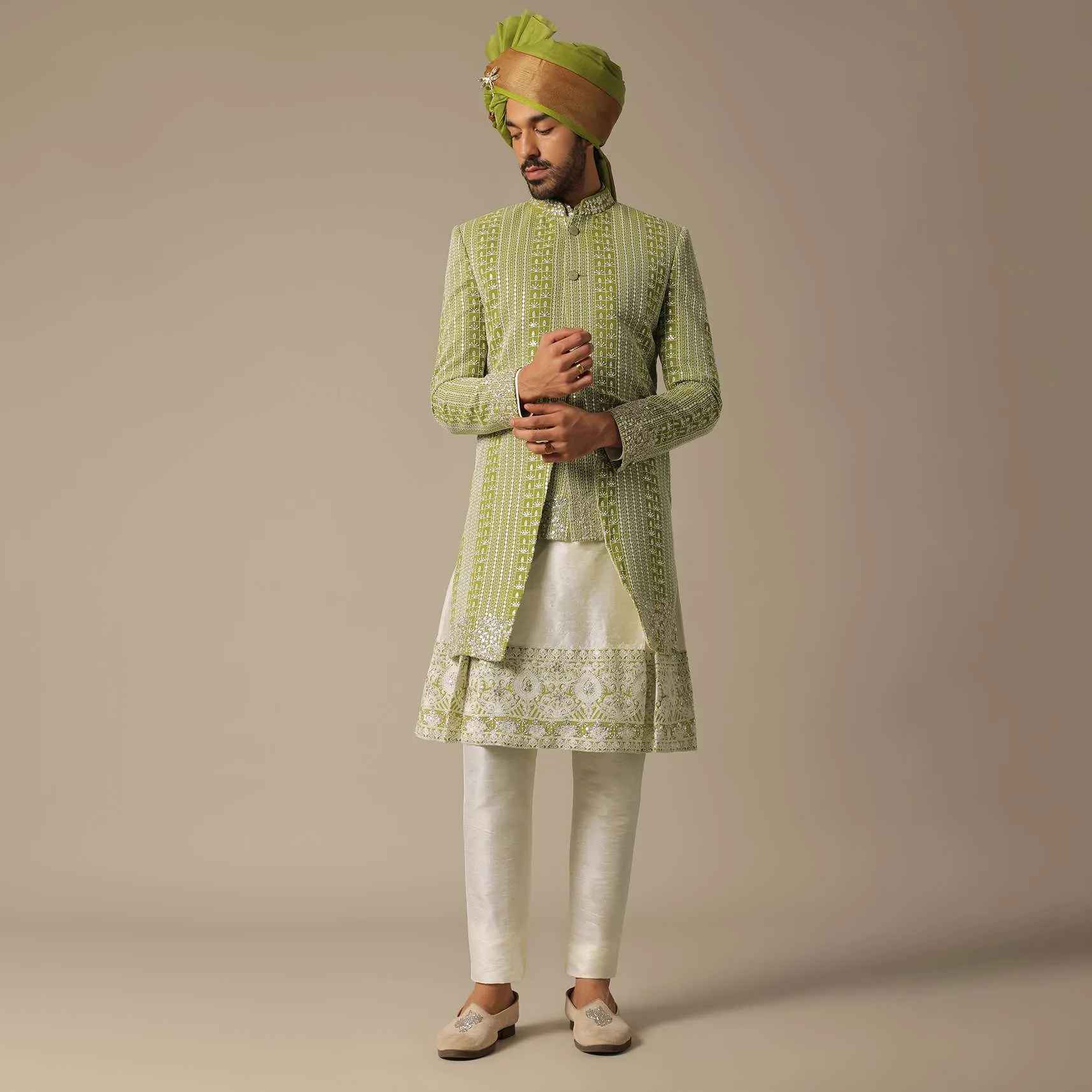 Majestic Green Georgette Sherwani Set