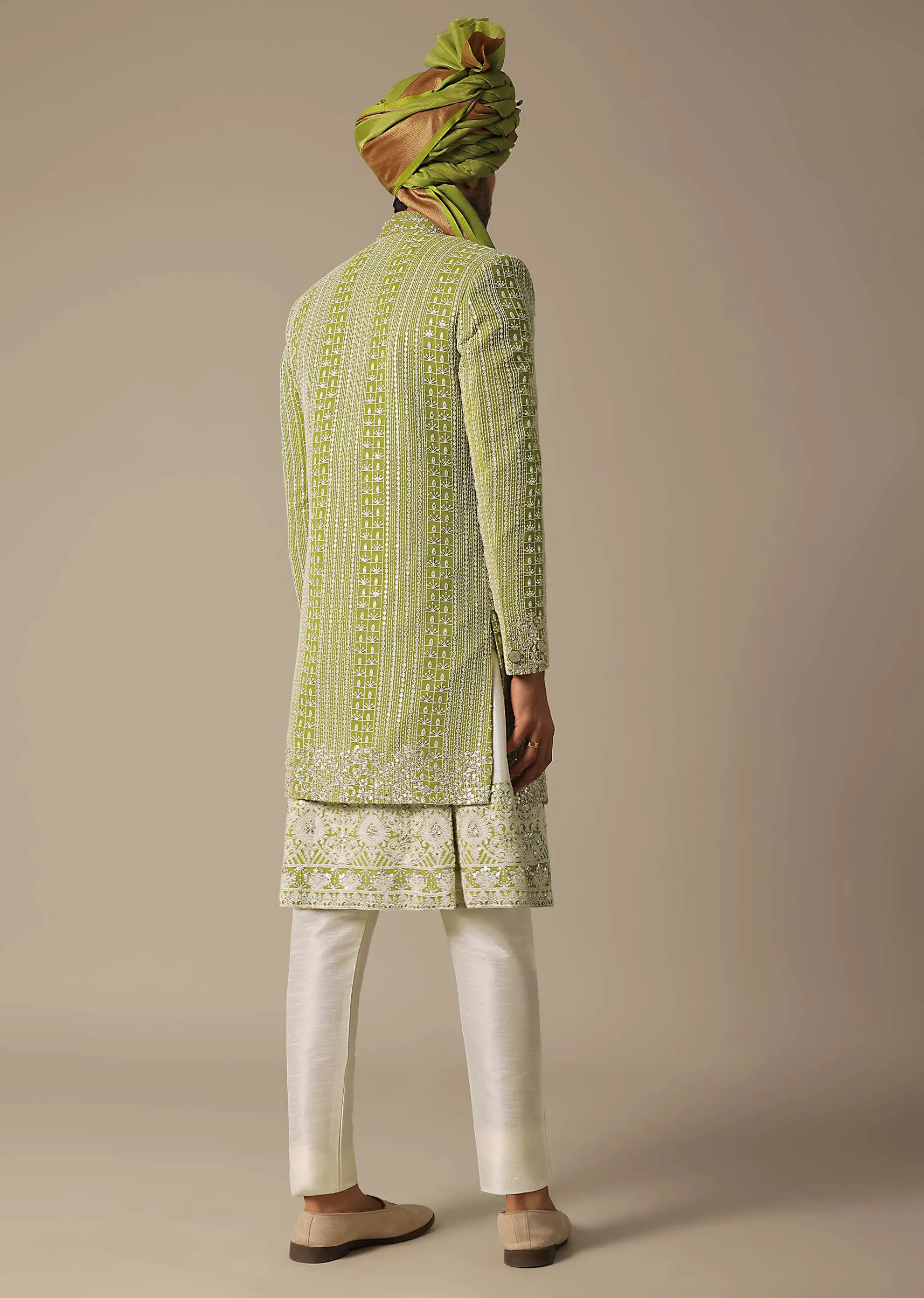 Majestic Green Georgette Sherwani Set