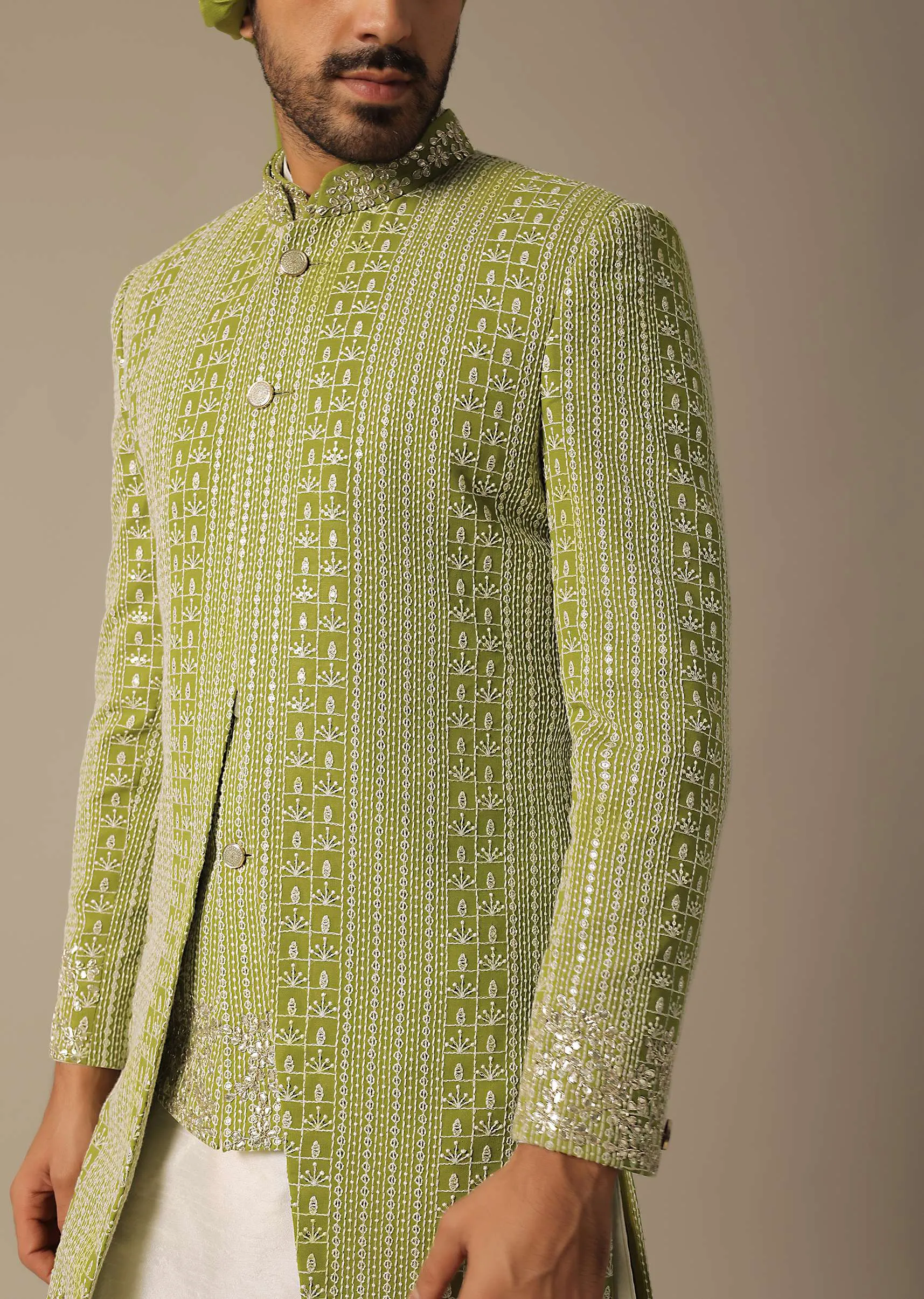 Majestic Green Georgette Sherwani Set
