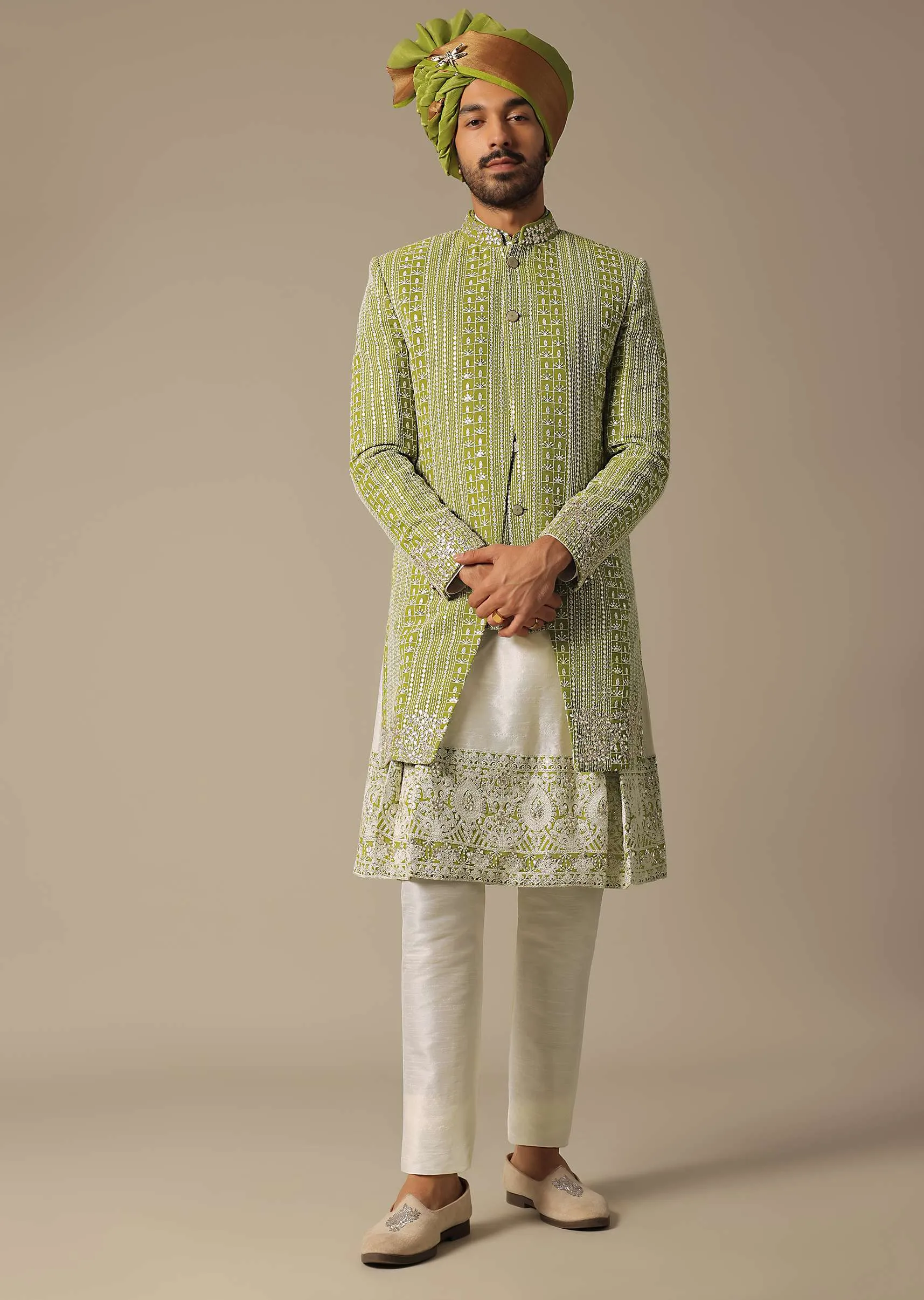 Majestic Green Georgette Sherwani Set