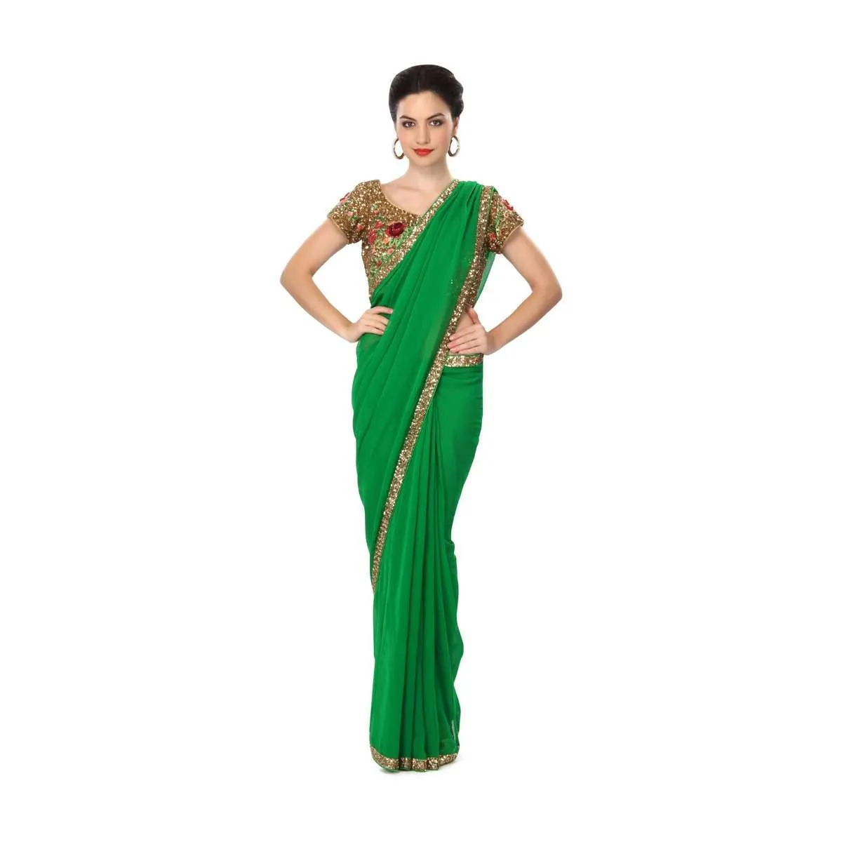 Majestic green saree embellished in sequin work only on Kalki