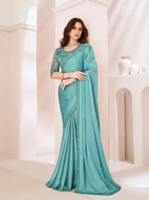 Mint Green Majestic Satin Georgette Saree with Banglori Silk Blouse