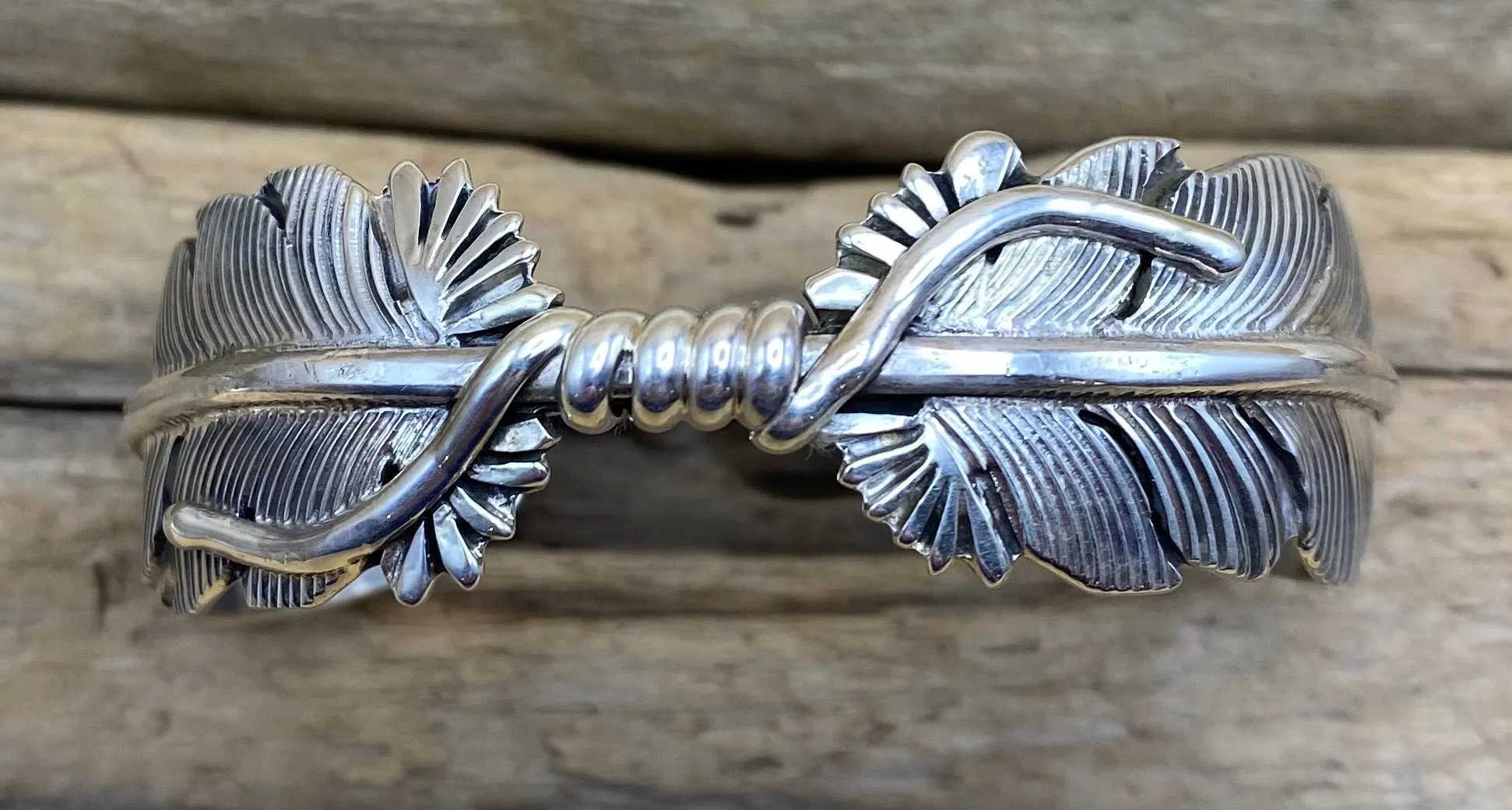 Native American Made Double Feather Sterling Silver Cuff Bracelet