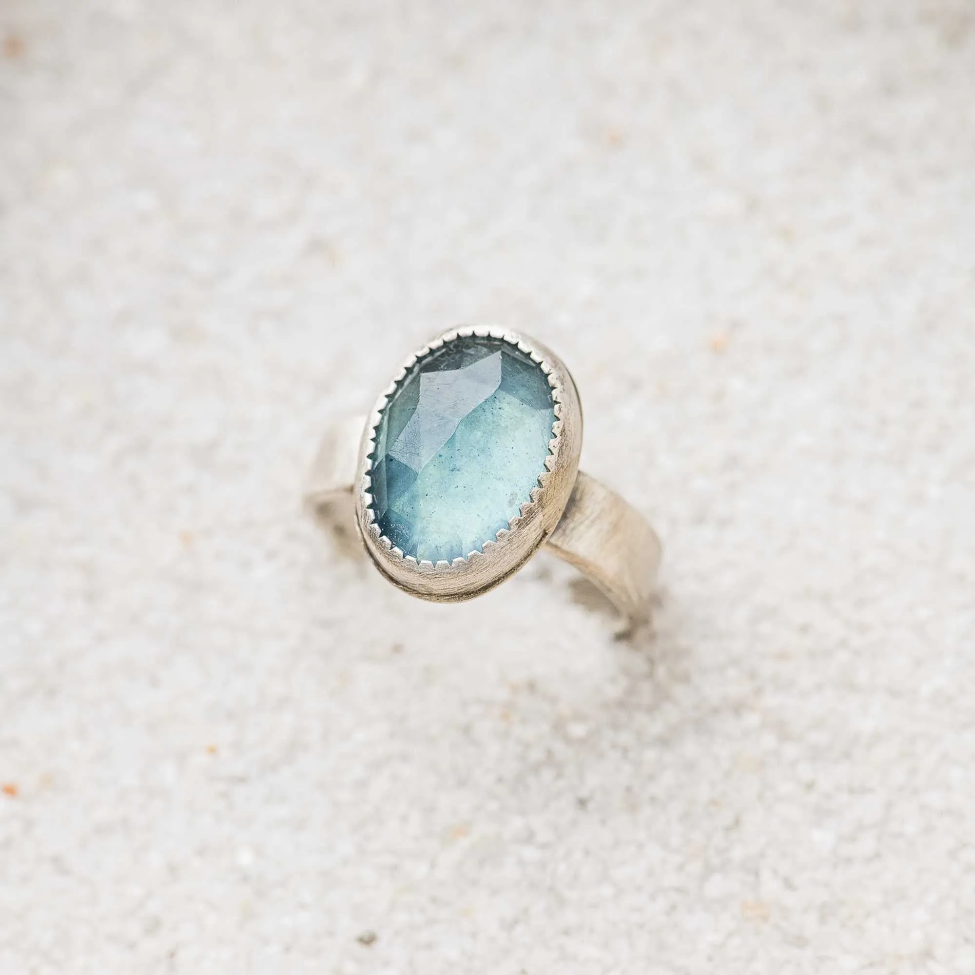 One of a Kind Aquamarine Ring with Serrated Bezel