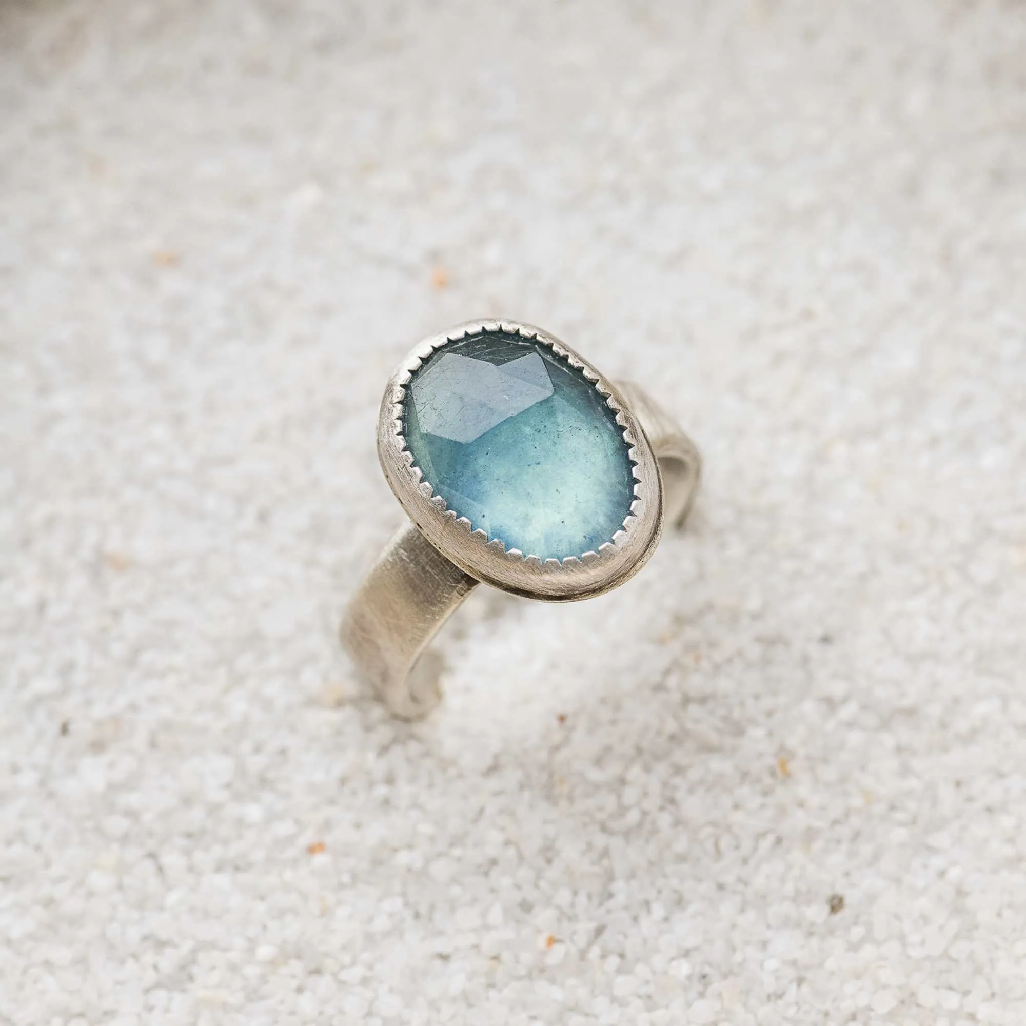 One of a Kind Aquamarine Ring with Serrated Bezel