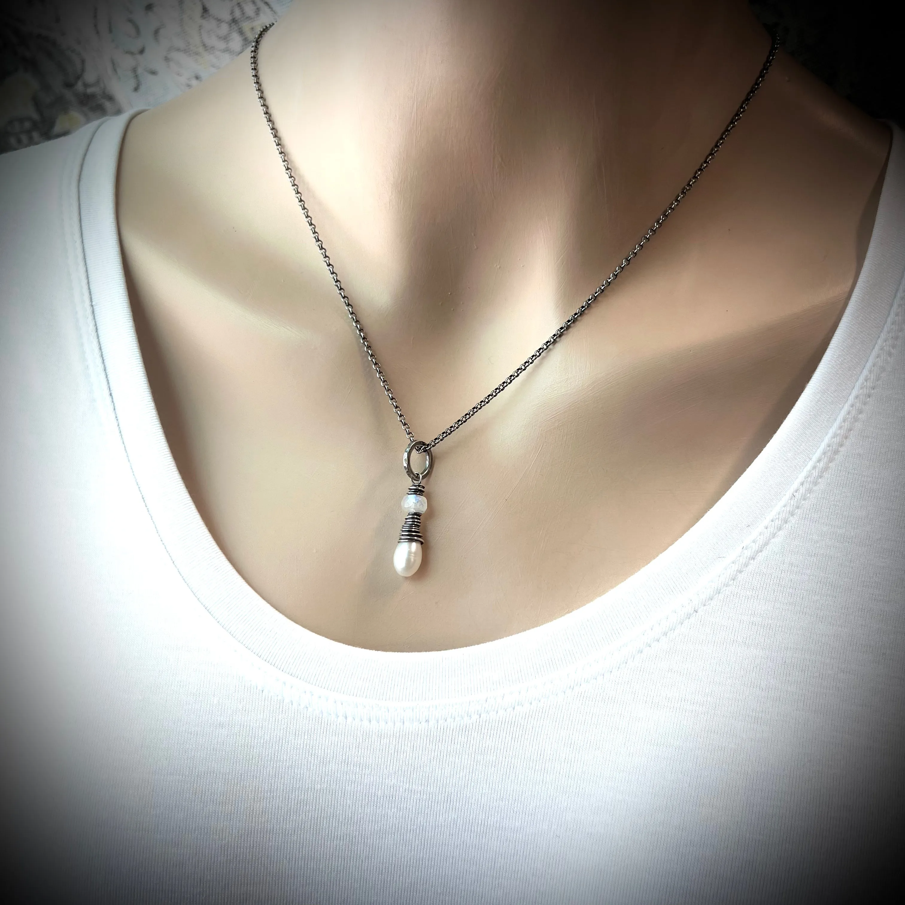 Rainbow Moonstone and Pearl Sterling Silver Necklace - Genuine Freshwater Pearl and Rainbow Moonstone Pendant on Sterling Silver Chain