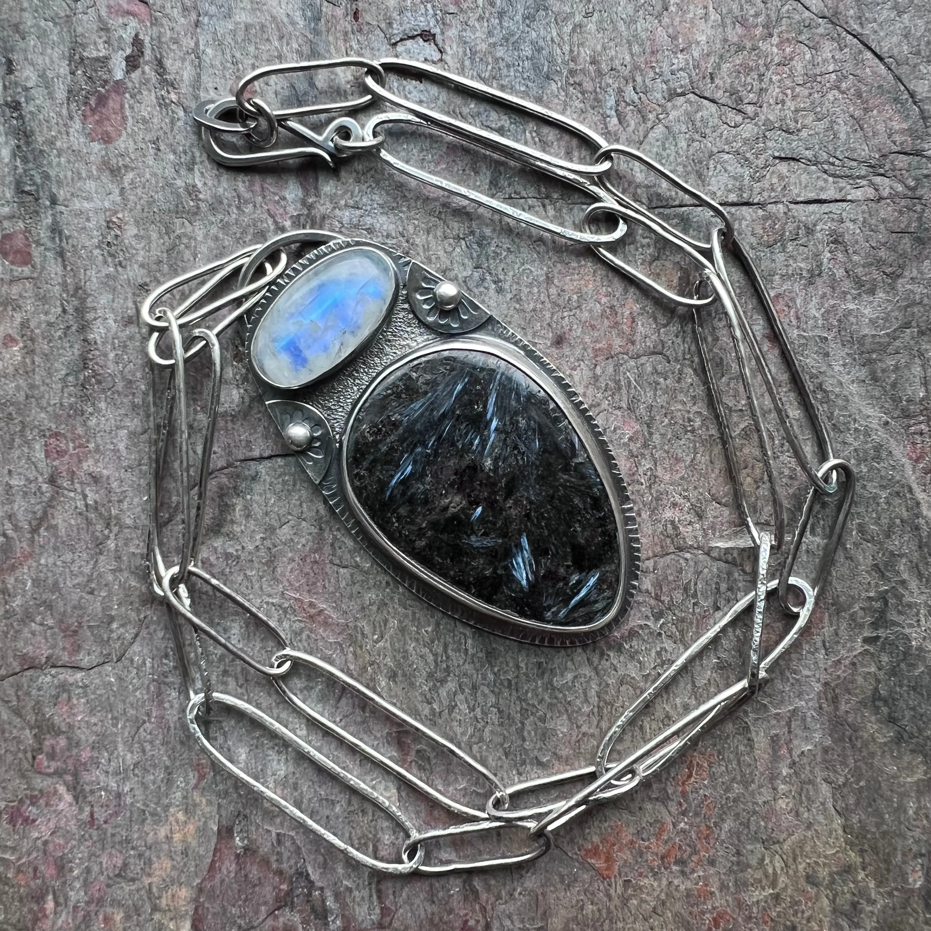 Rainbow Moonstone and Pietersite Sterling Silver Necklace - Handmade One-of-a-kind Pendant on Sterling Silver Chain
