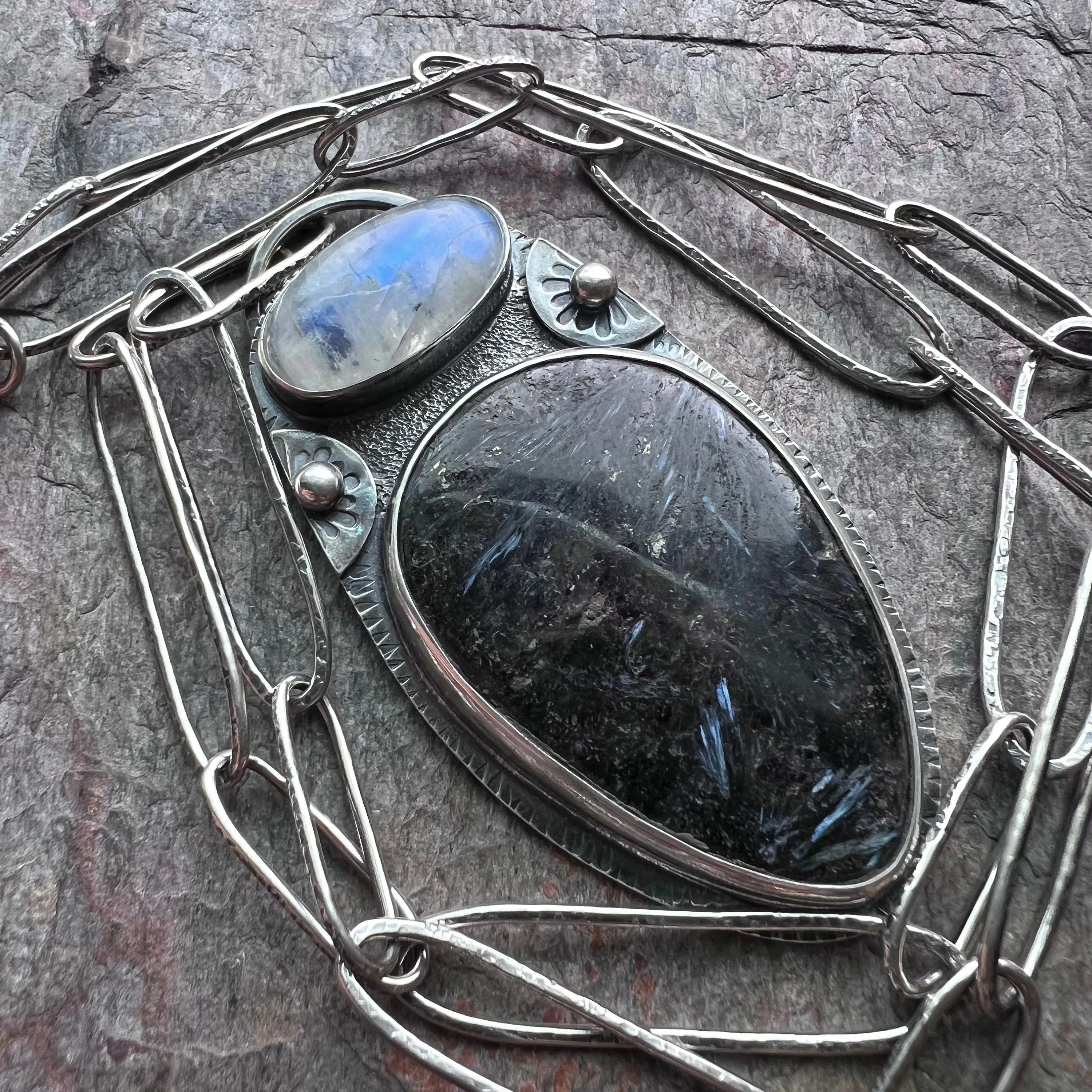 Rainbow Moonstone and Pietersite Sterling Silver Necklace - Handmade One-of-a-kind Pendant on Sterling Silver Chain