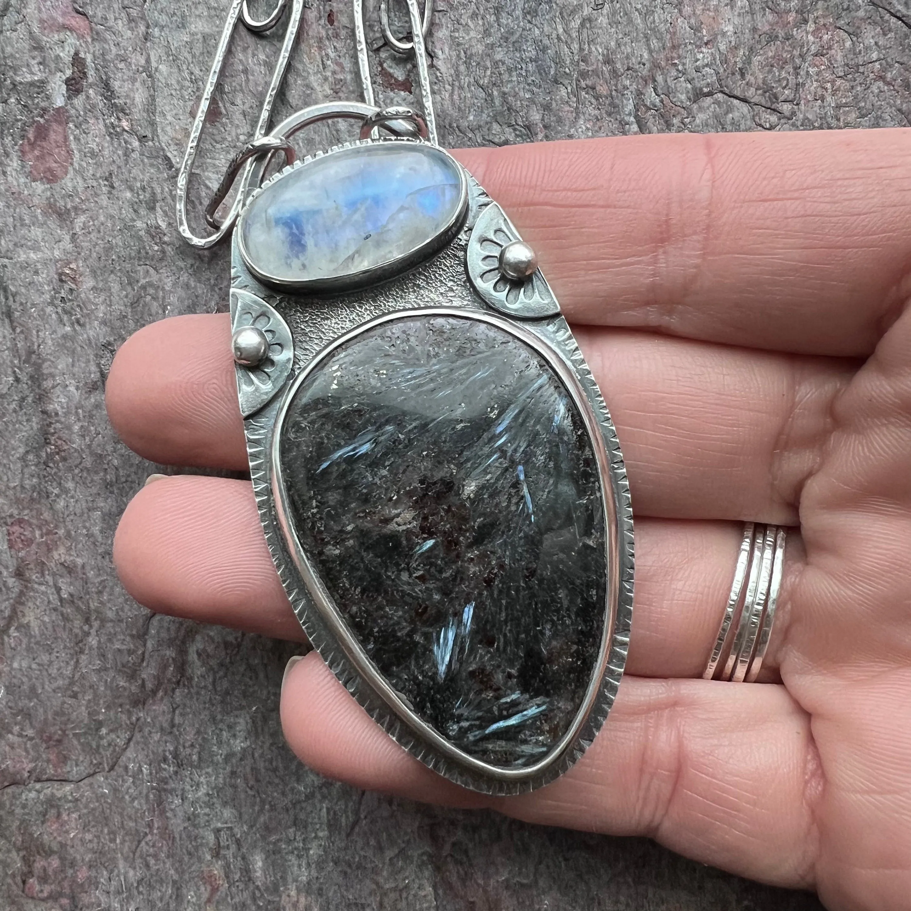 Rainbow Moonstone and Pietersite Sterling Silver Necklace - Handmade One-of-a-kind Pendant on Sterling Silver Chain
