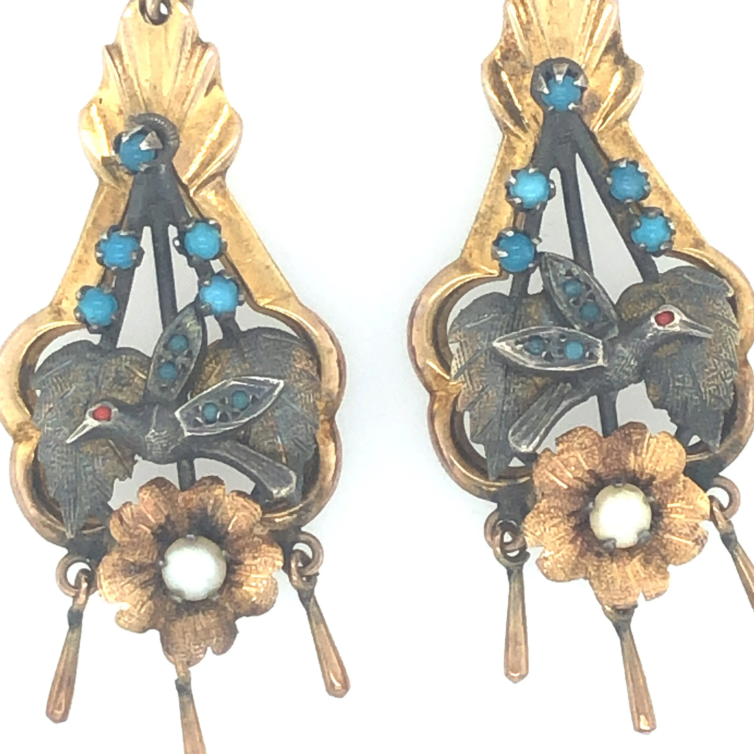 Victorian Silver, 14k  Gold, Pearl & Turquoise Drop Earrings with Bird Motif