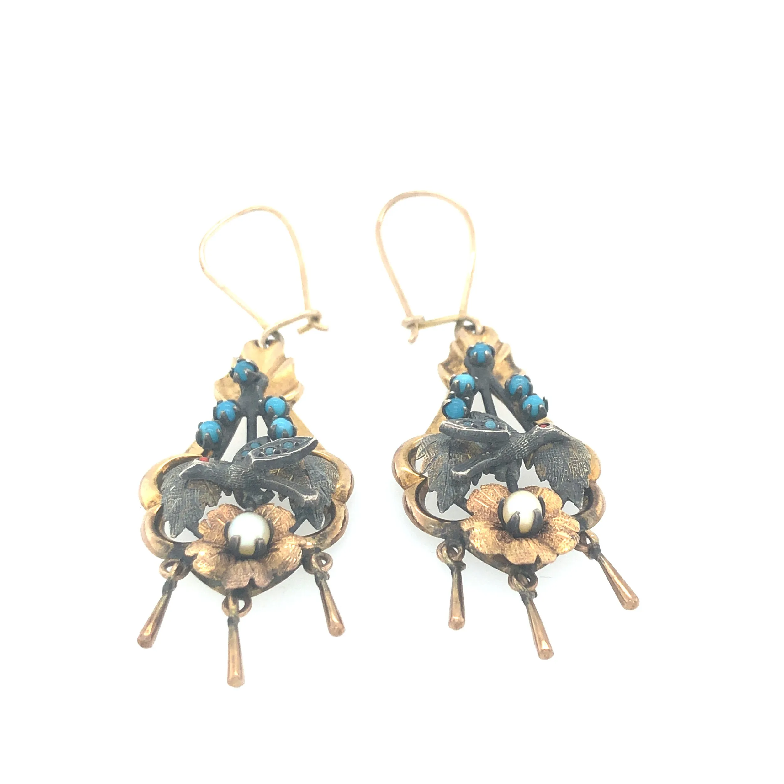 Victorian Silver, 14k  Gold, Pearl & Turquoise Drop Earrings with Bird Motif