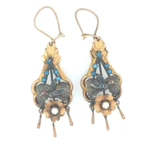 Victorian Silver, 14k  Gold, Pearl & Turquoise Drop Earrings with Bird Motif