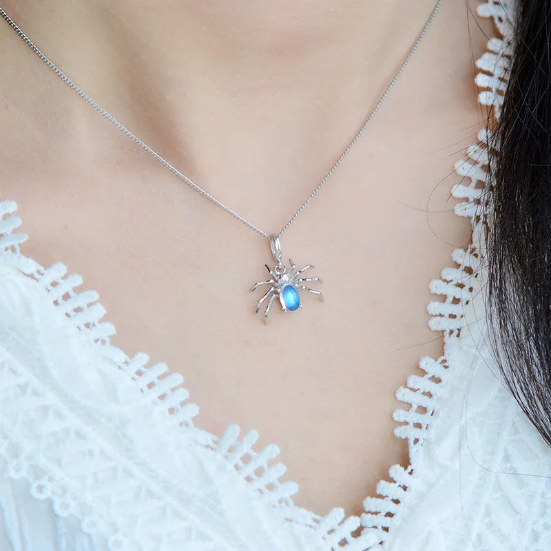 Womens Spider Shaped Sterling Silver Moonstone Pendant Necklace For Women